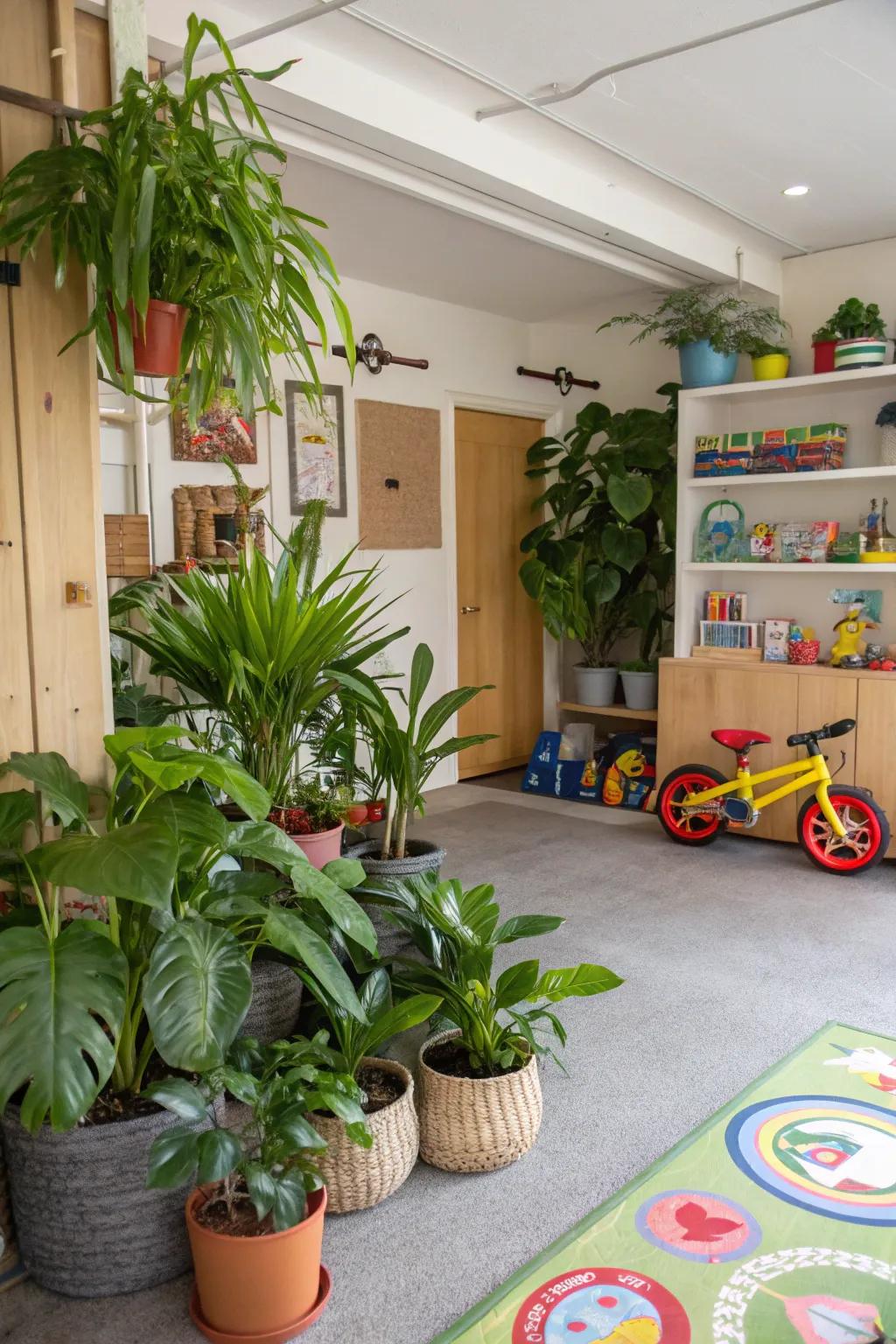 Nature elements bring freshness and tranquility to the playroom.