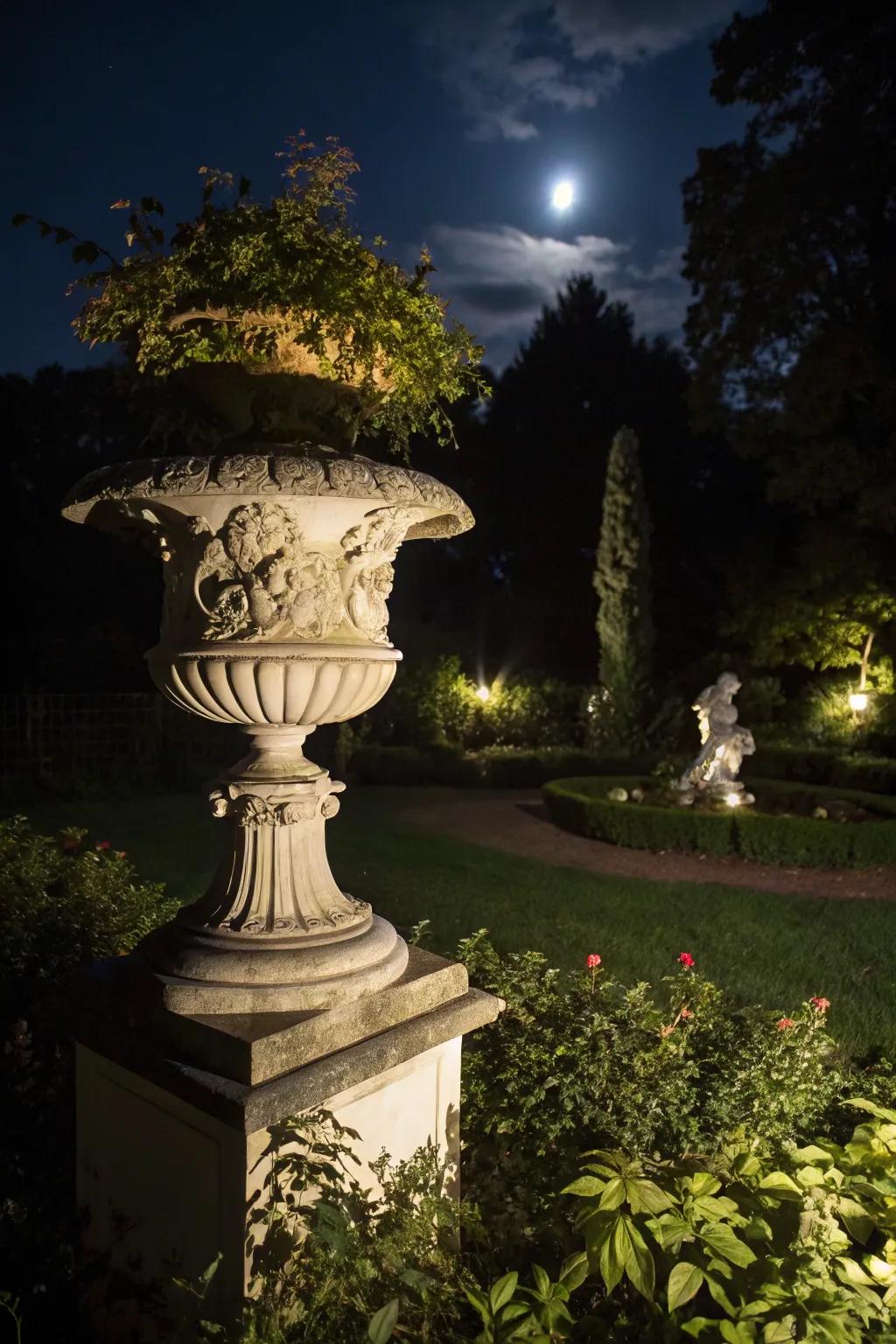 Spotlights add drama to garden sculptures.