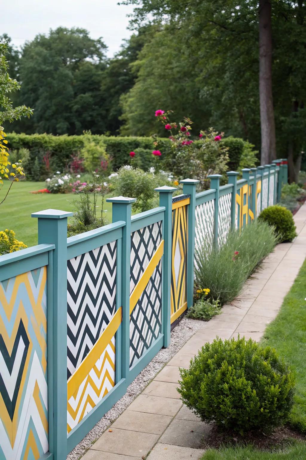 Contemporary flair with geometric patterned fencing.