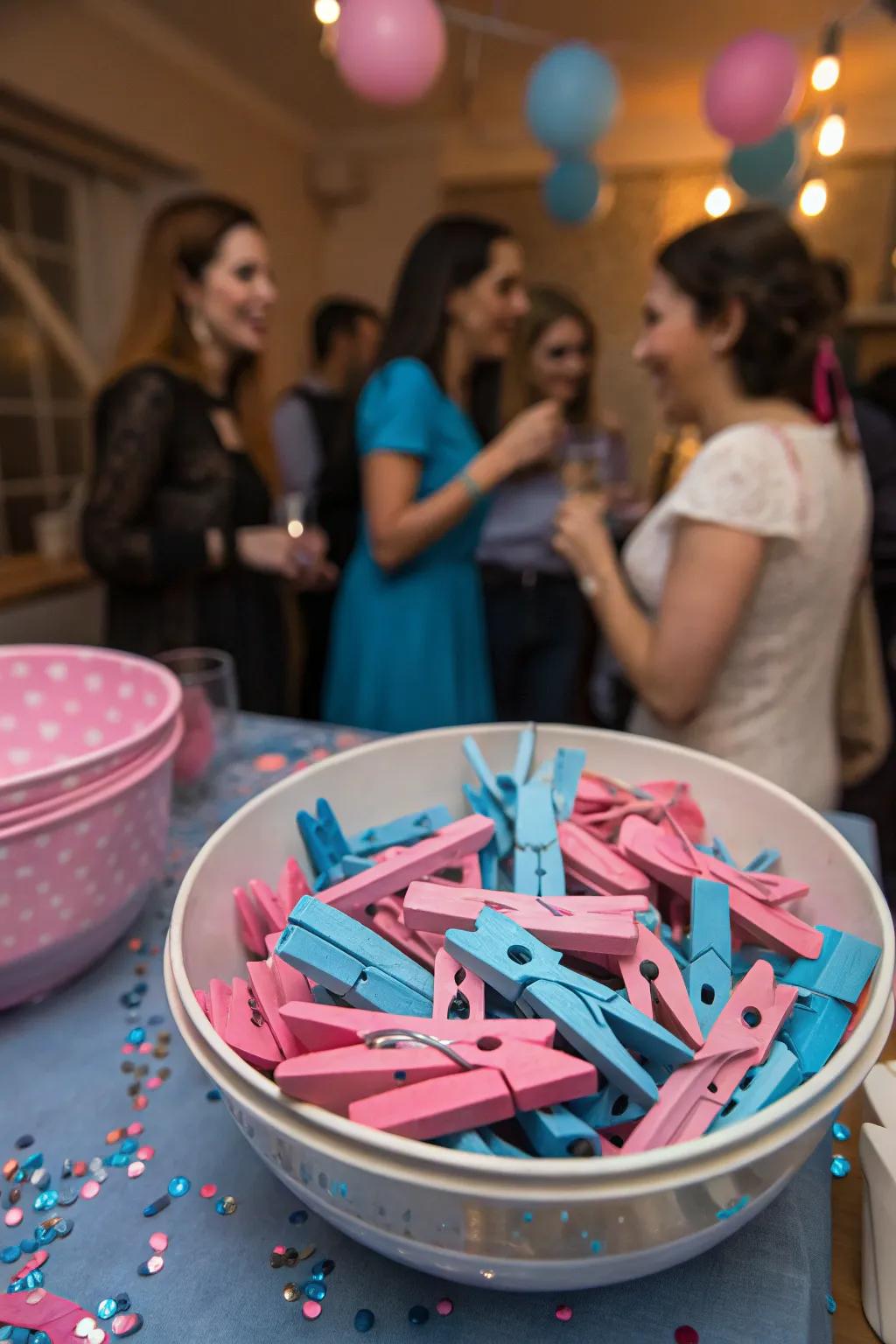 A colorful 'Wear Your Guesses' activity at a gender reveal.