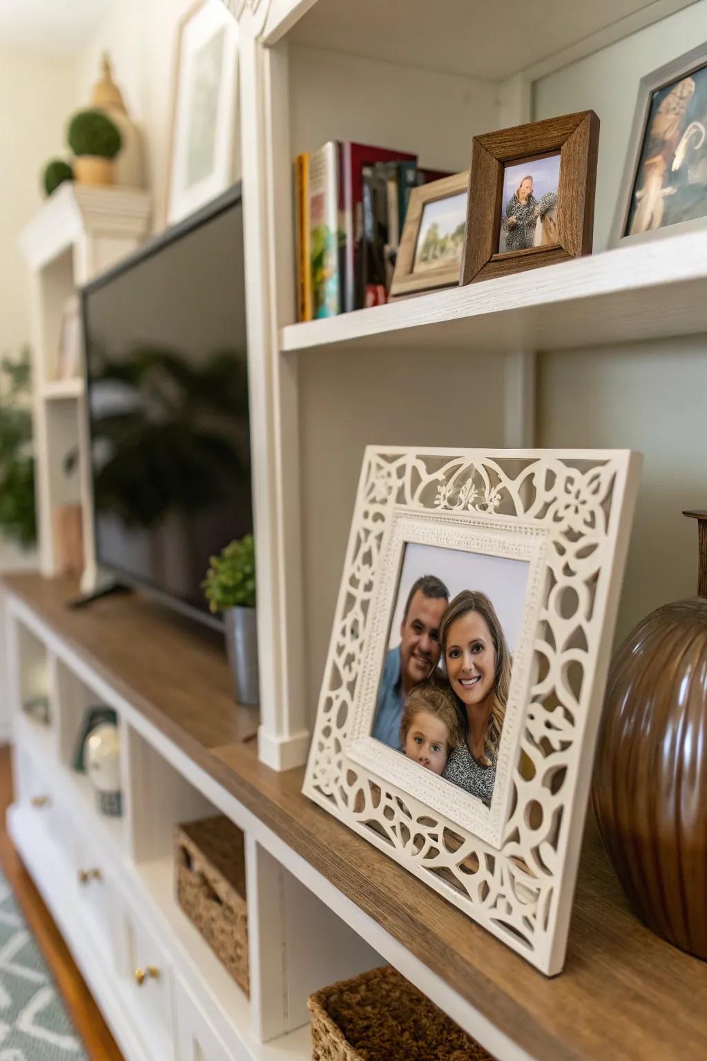 A handcrafted photo frame showcases her favorite memories.