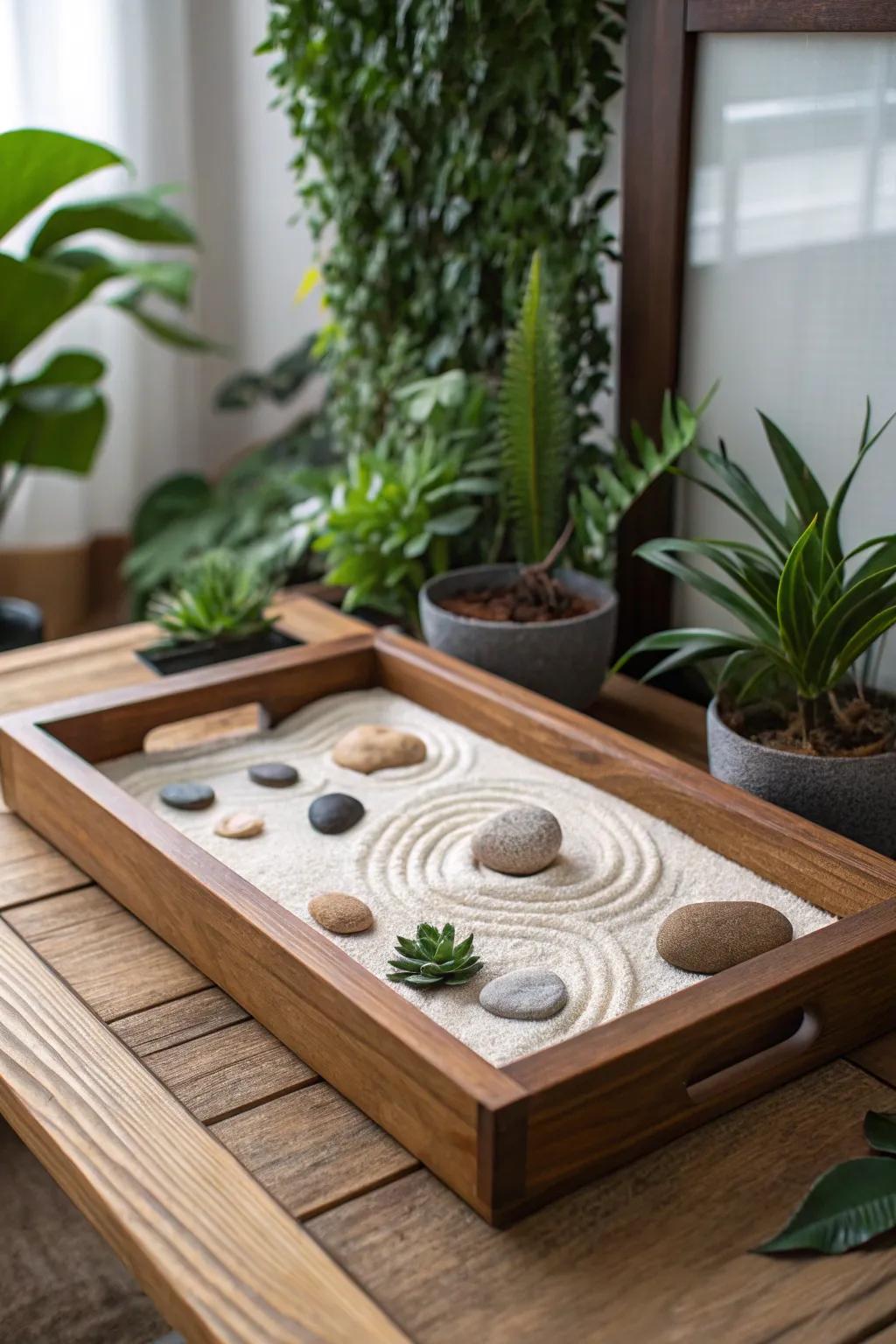 A miniature zen garden provides a calming presence at the desk.