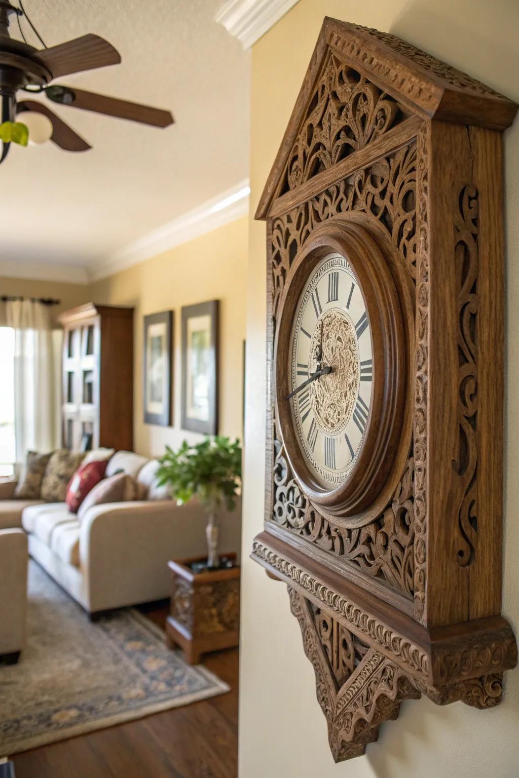 A handmade wooden clock is a charming and functional home accent.