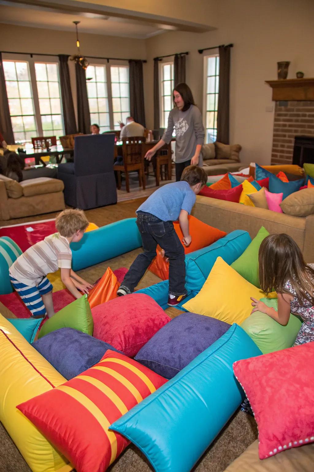 An exciting indoor obstacle course setup for energetic fun.