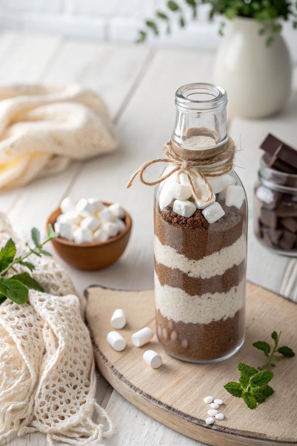 Layered indulgence in a bottle: Give the gift of cozy comfort with this gourmet hot chocolate mix.
