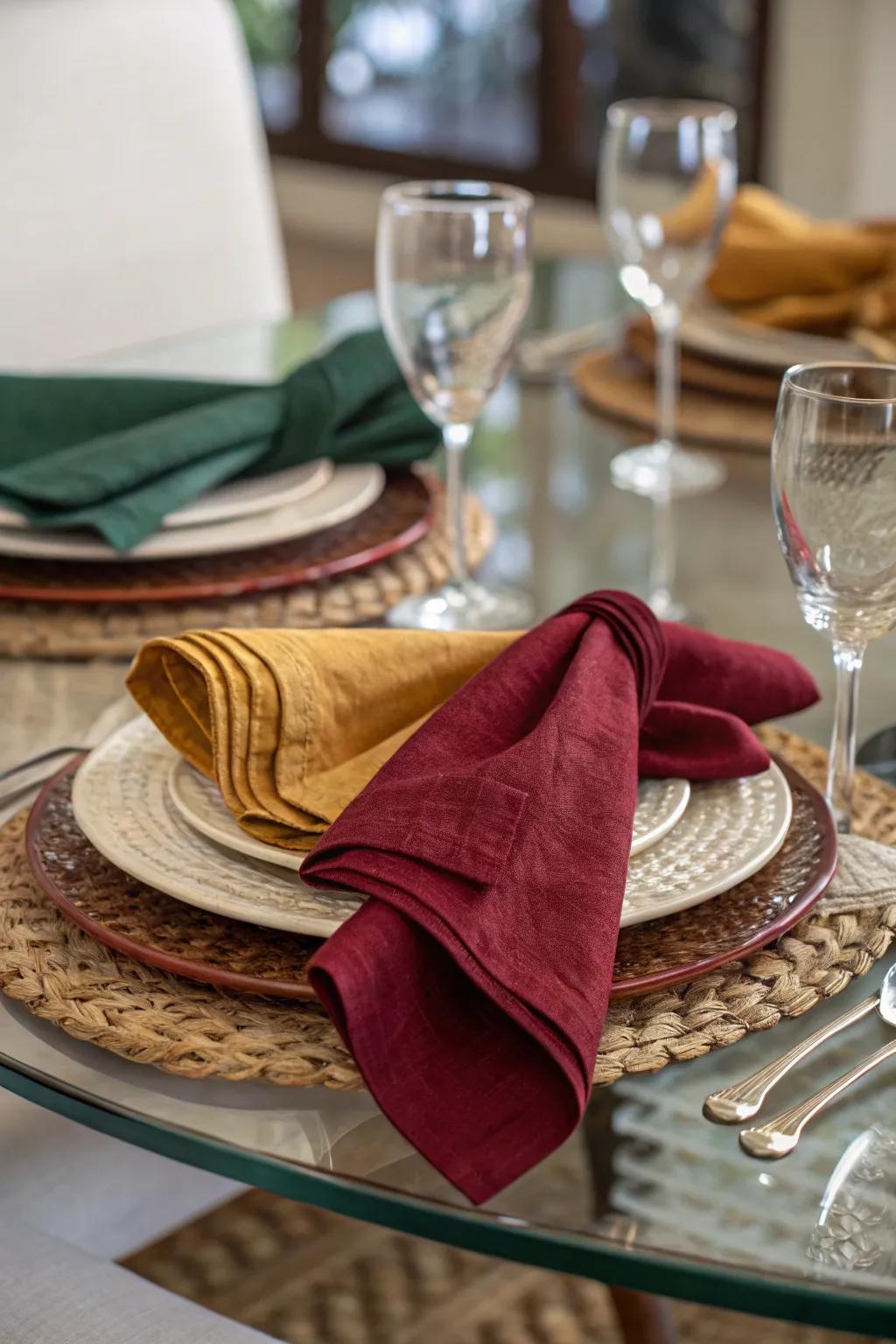 Textured napkins adding warmth to a glass dining table.