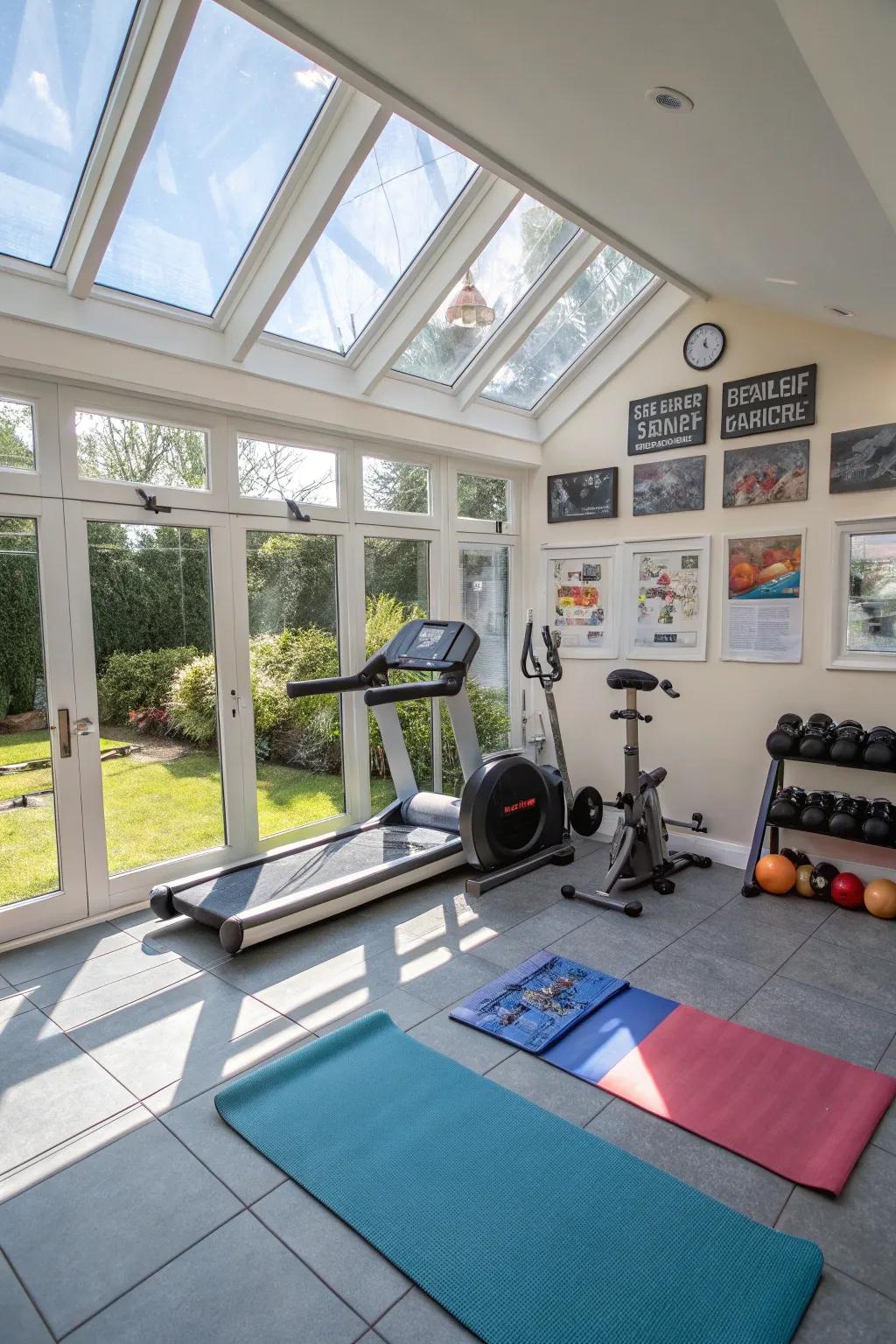 A sunroom home gym that inspires with natural light and views.