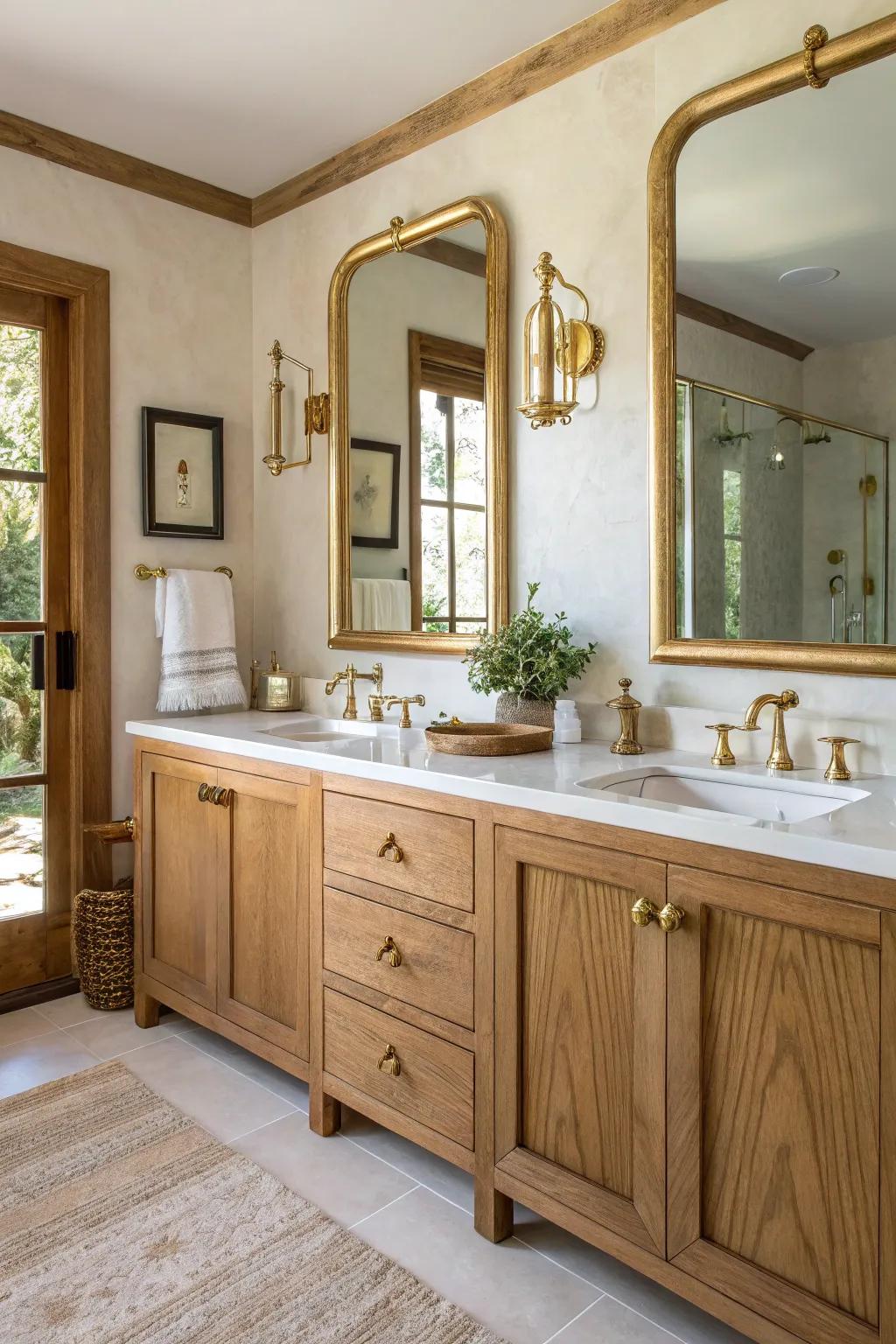 A bathroom that harmonizes gold with wood elements.