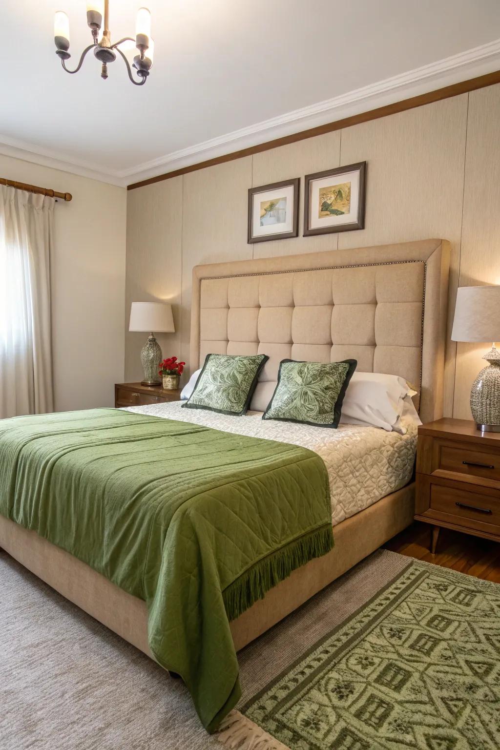 A tan headboard provides a neutral backdrop, highlighting colorful bedding.