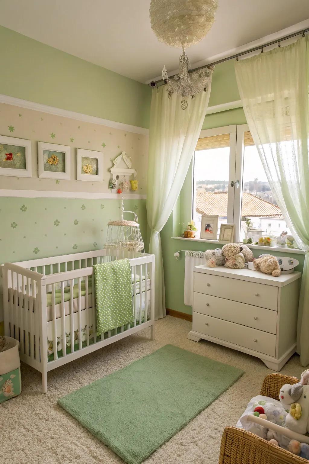 A soothing nursery with a harmonious green and cream palette.