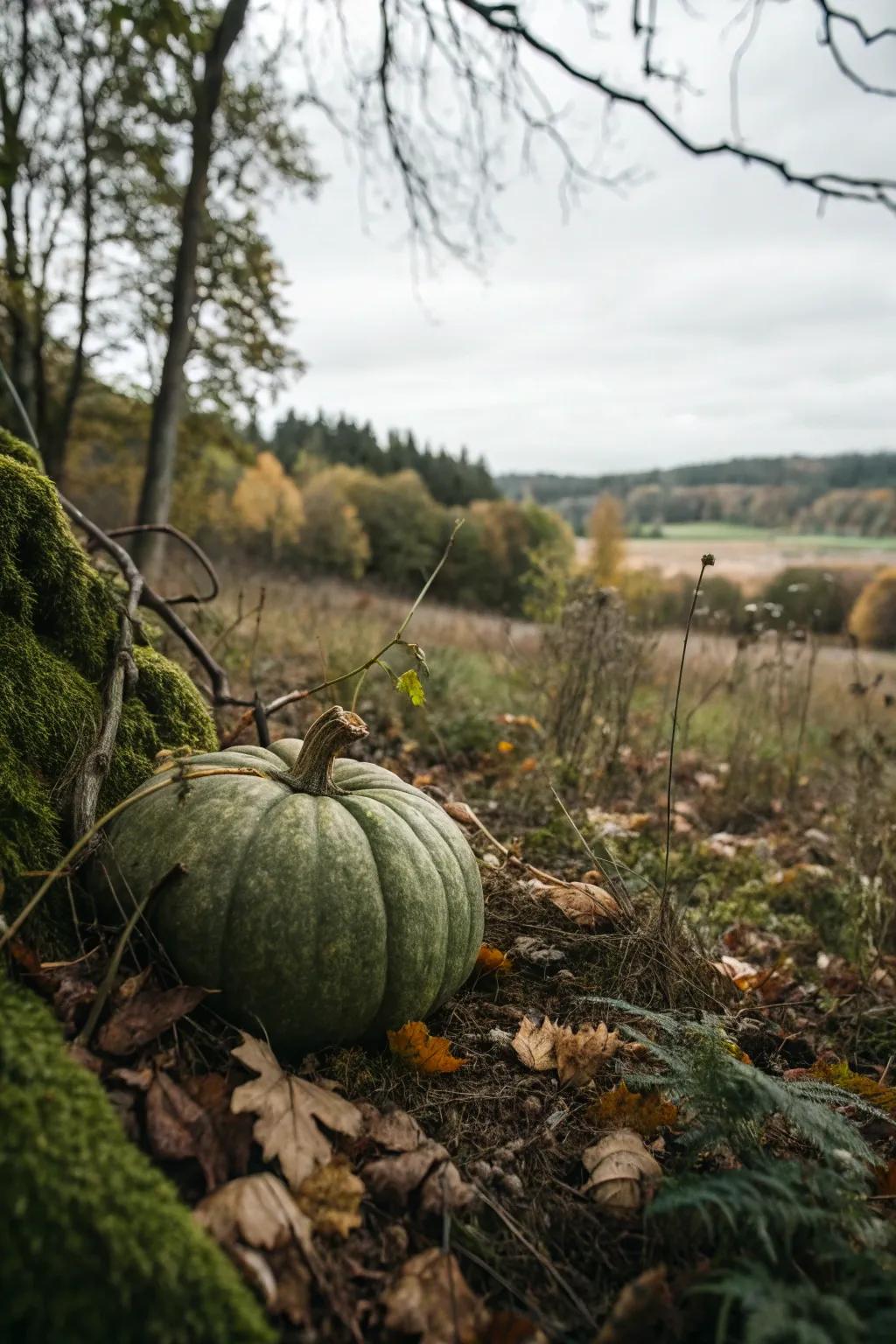 Nature-inspired moss green pumpkin blending with outdoor decor.