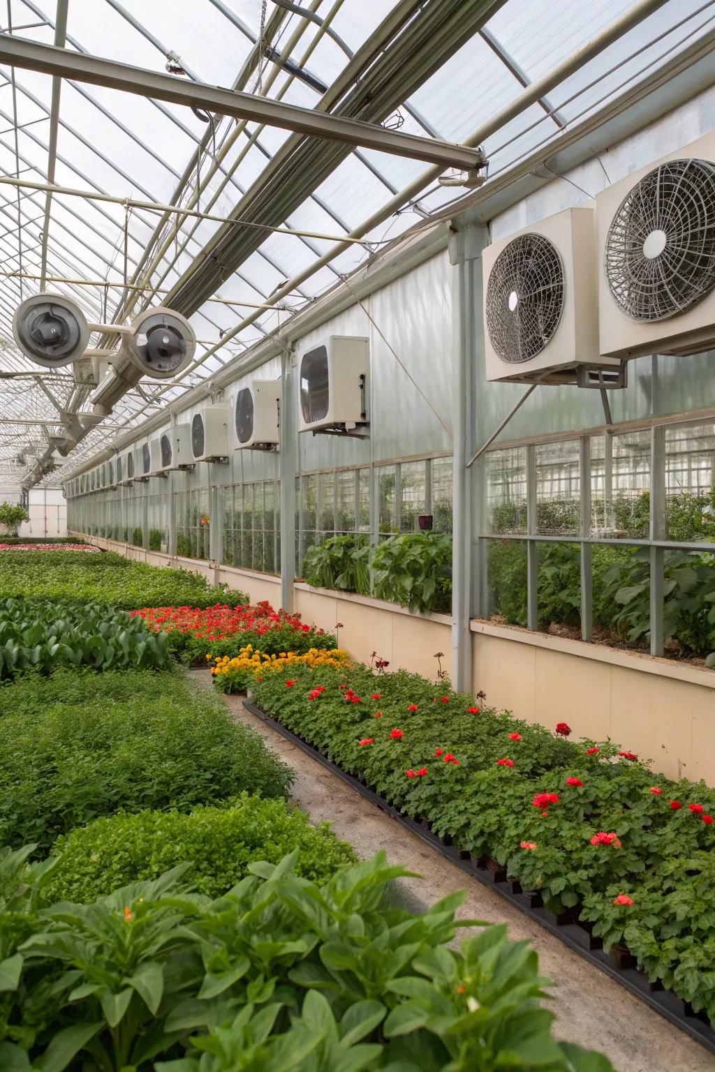 A greenhouse utilizing both passive and active ventilation systems for optimal efficiency.