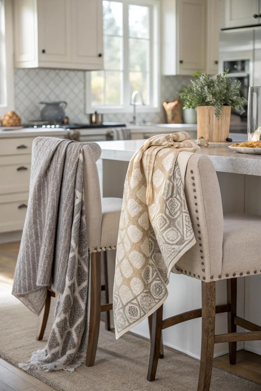 Grey and beige textiles offer a quick style update in the kitchen.