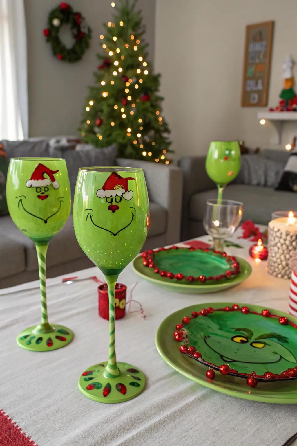 Grinch-themed wine glasses adding fun and functionality to the table.