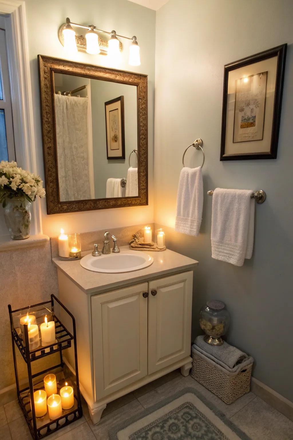 Scented candles add a relaxing ambiance to this guest bathroom.