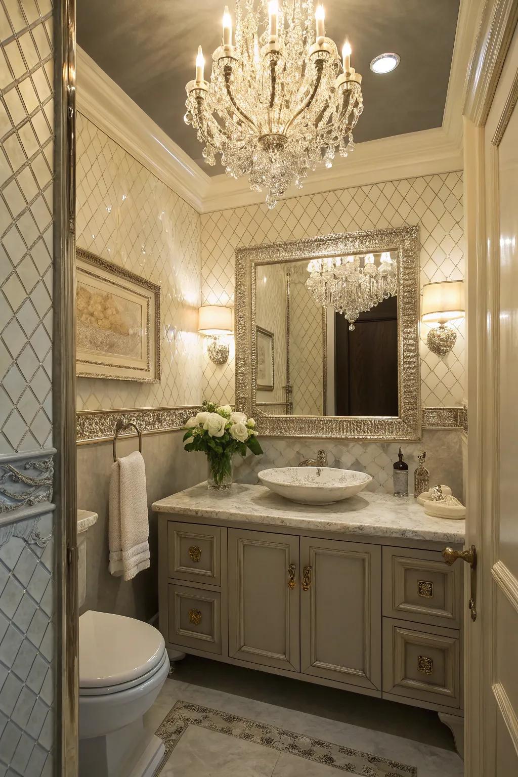 A chandelier adds a touch of elegance and luxury.