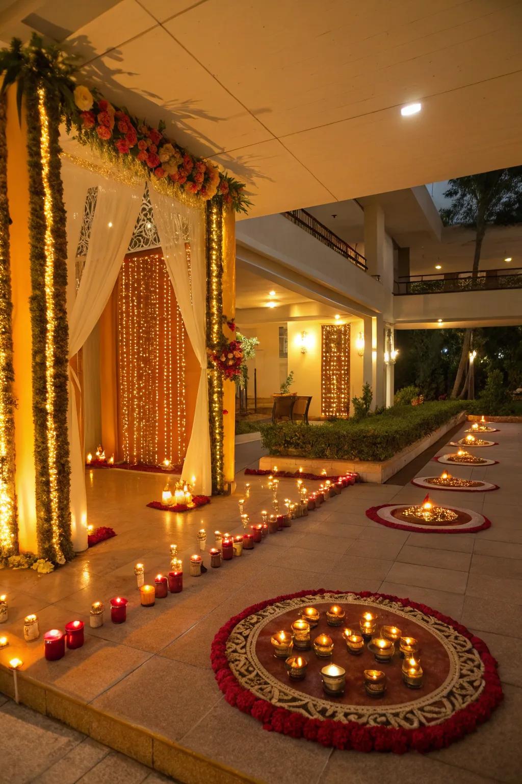 Decorative diyas adding a warm and beautiful glow to the celebration.