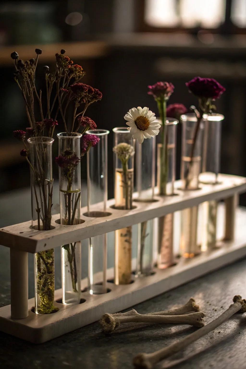 A test tube floral arrangement for a spooky and elegant display.