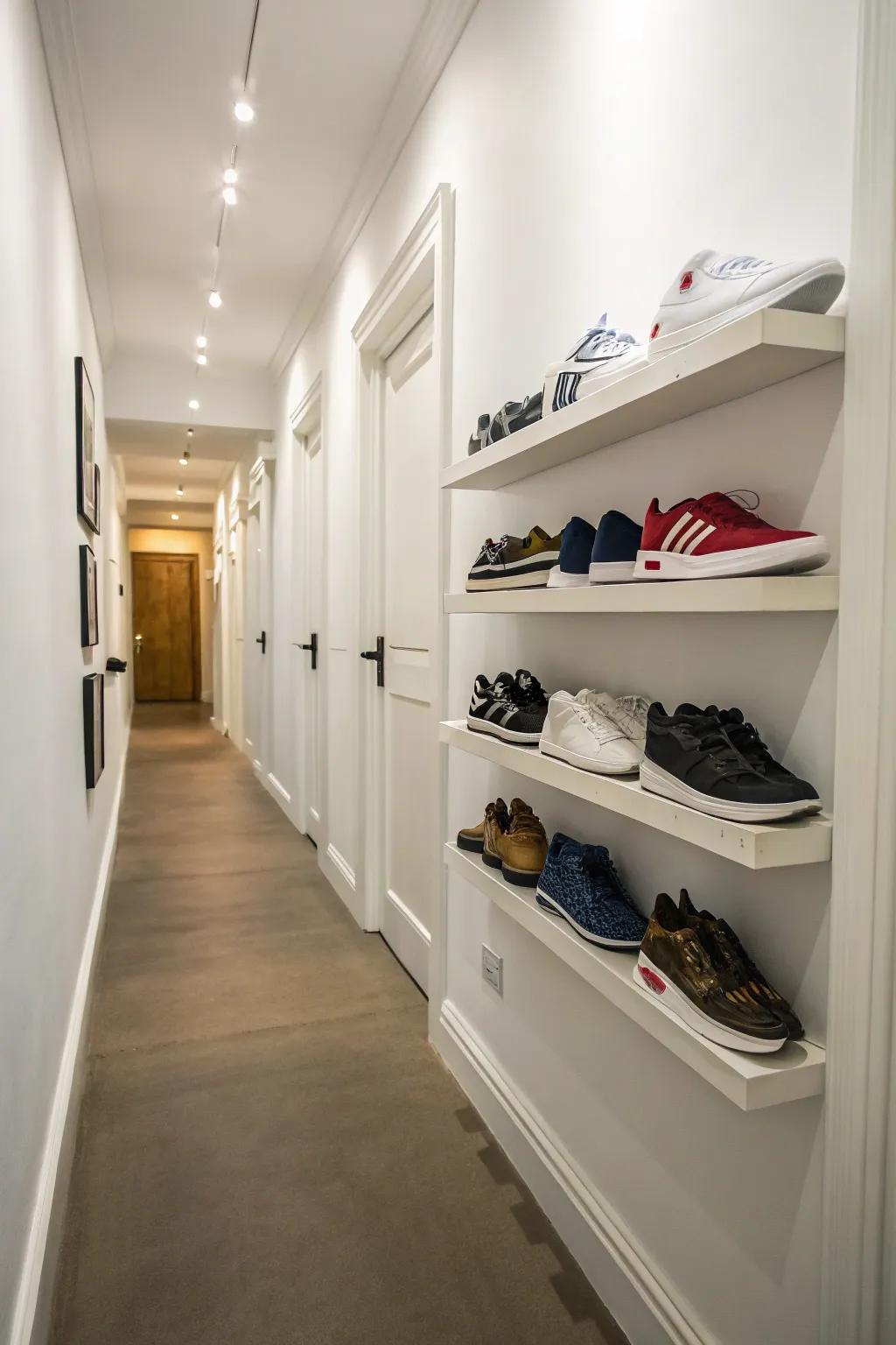 Floating shelves offer a sleek way to display footwear.