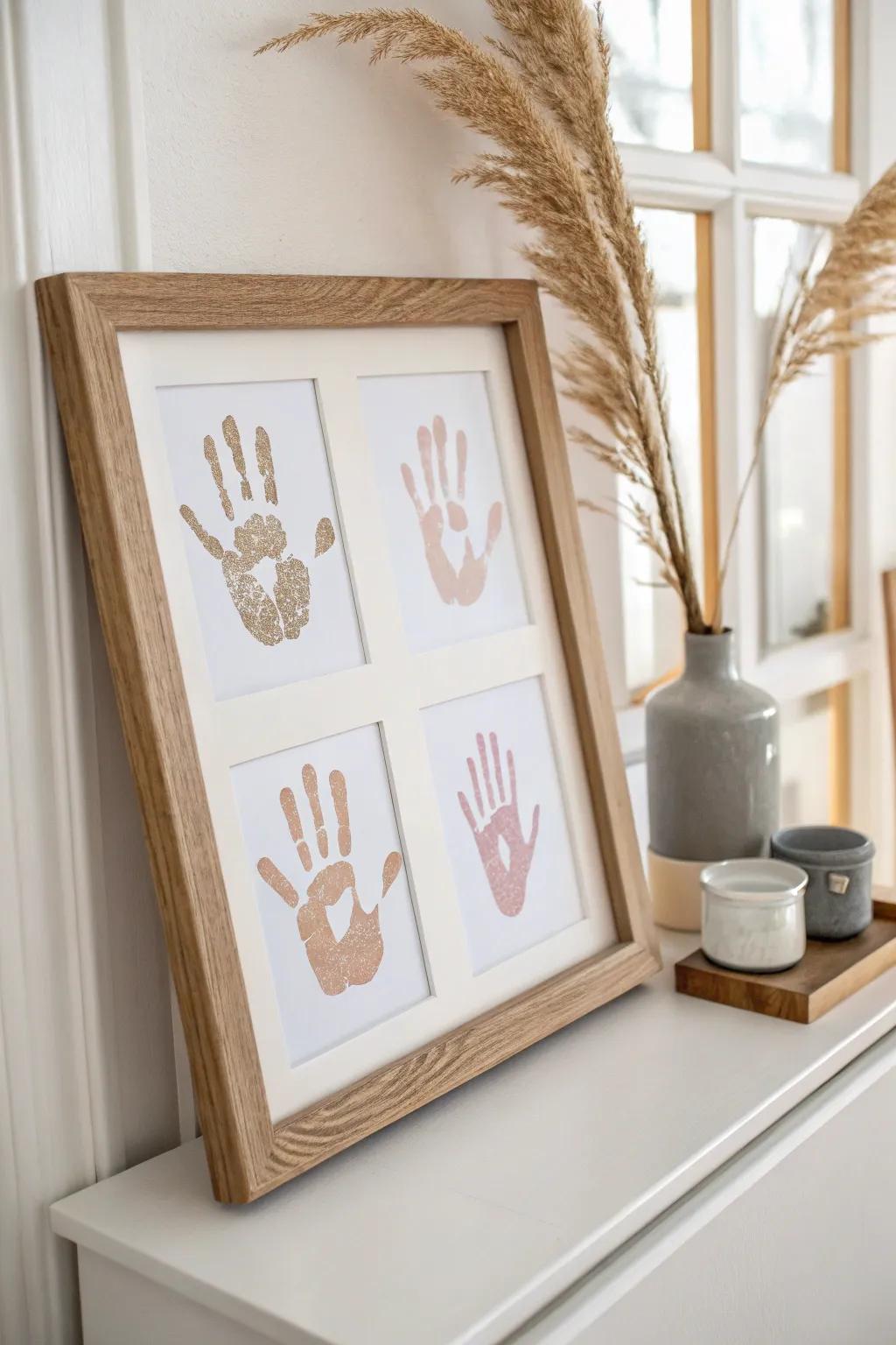 Capture growth beautifully with framed handprint art, a timeless addition to your minimalist gallery wall.