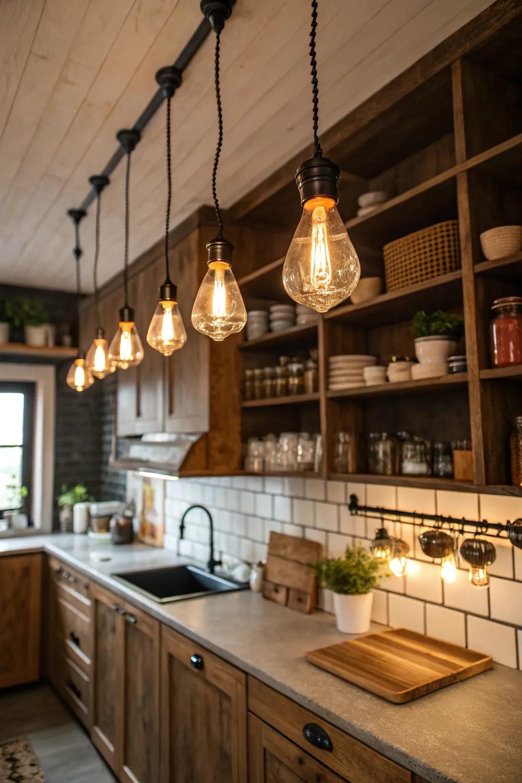 Edison bulbs add warmth to kitchen shelving displays.