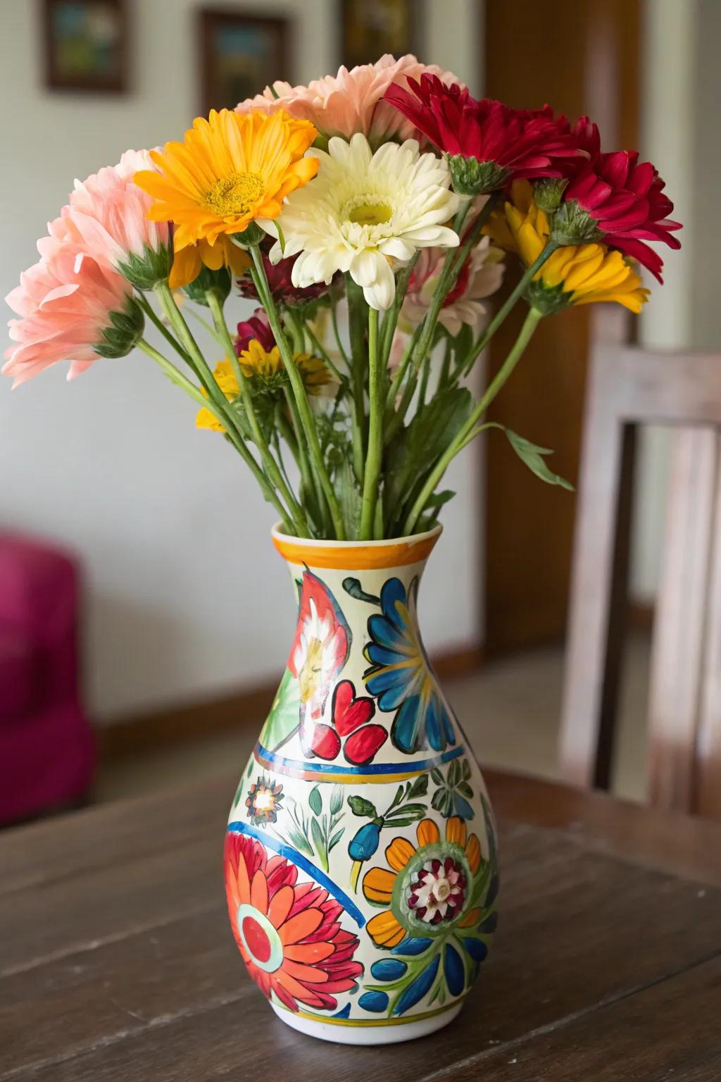 A fun glass vase that adds artistic flair to any bouquet.