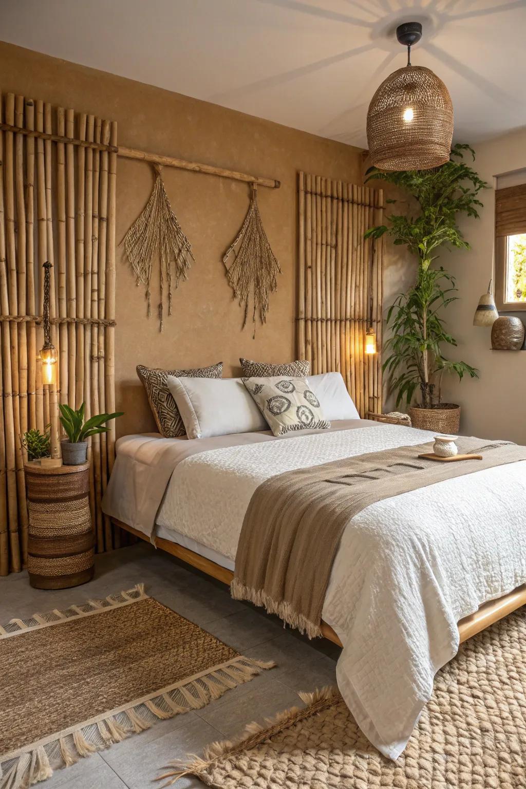 Natural textures like bamboo and rattan enhance the organic feel of your Hawaiian-themed bedroom.