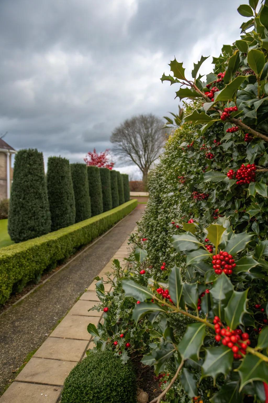 Lush holly hedges with evergreen leaves and bright berries.