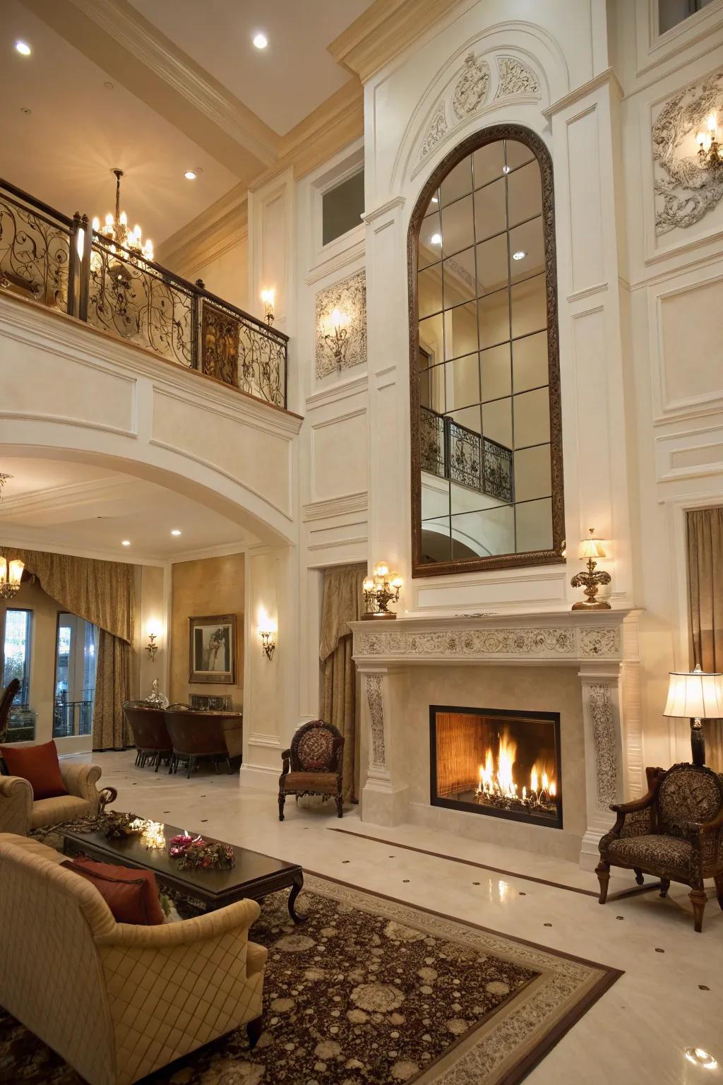 A full-length mirror above the fireplace enhancing space and light.