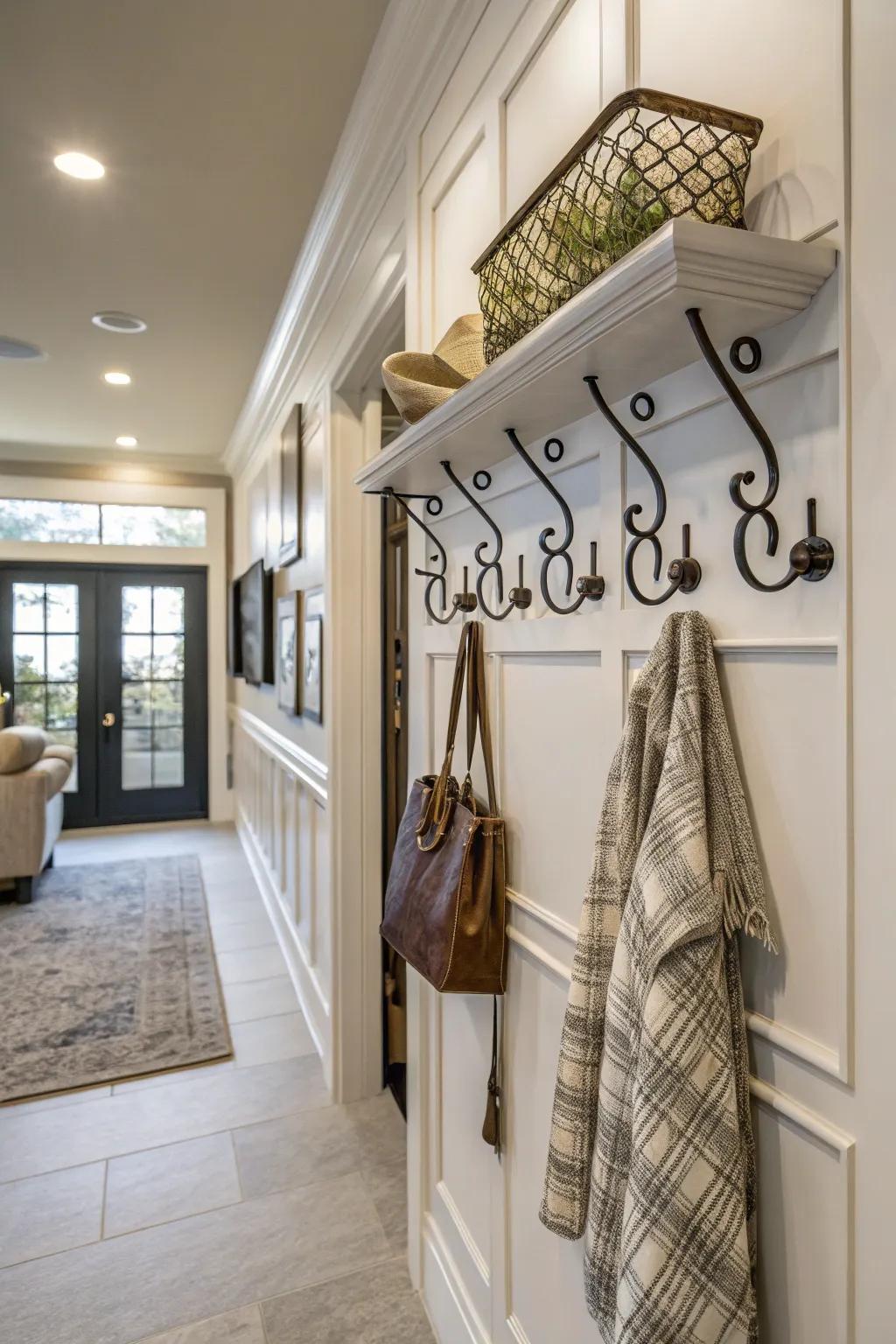 Decorative hooks add style and functionality to high wall spaces.