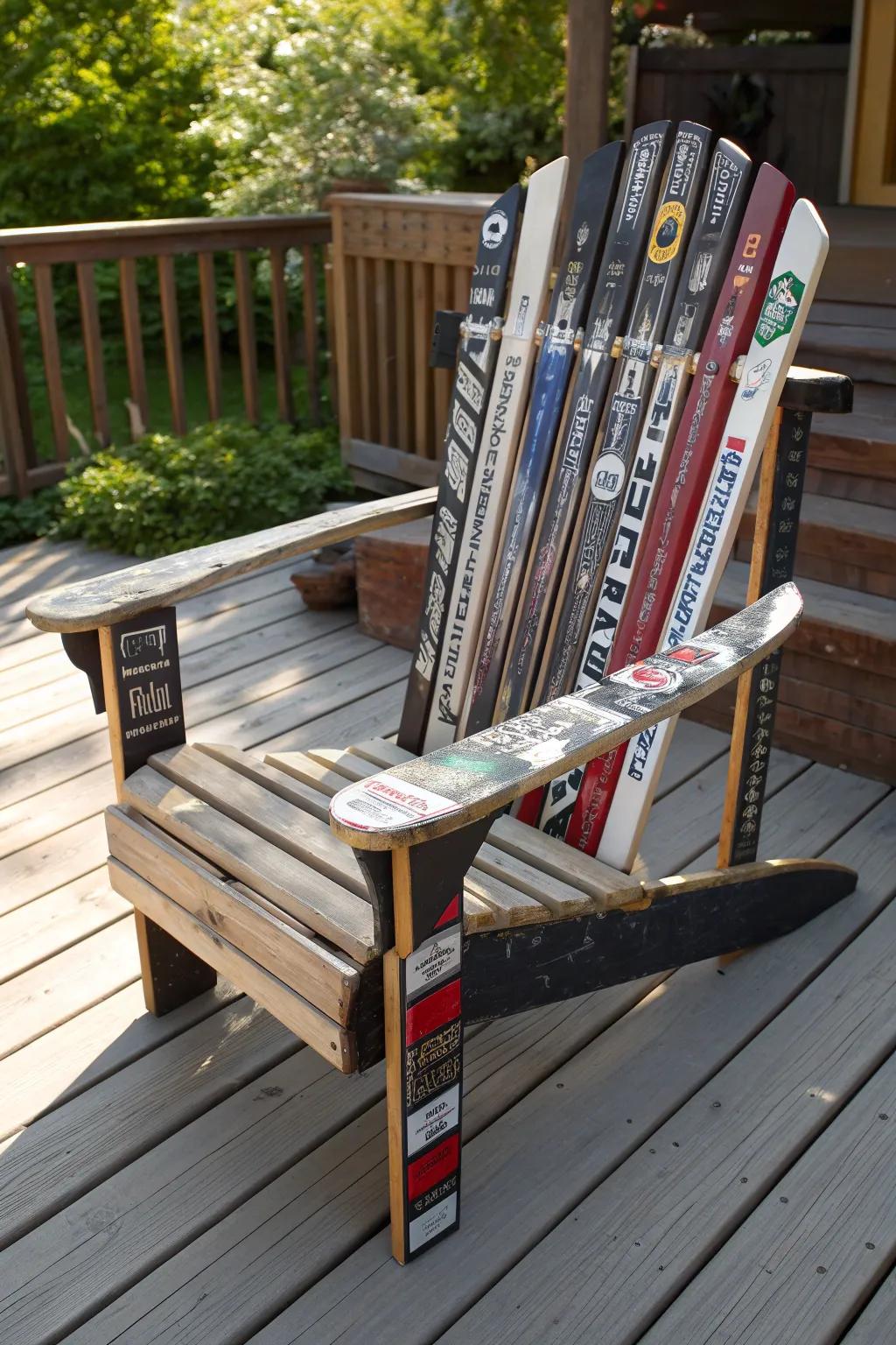 Relax in style with this handcrafted hockey stick Adirondack chair, the perfect blend of sport and comfort for your patio.