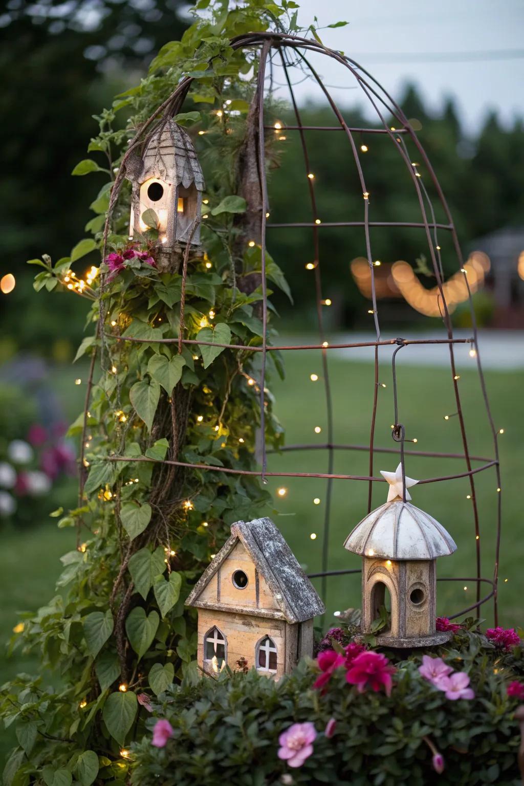 Step into a magical realm with this enchanting hog wire trellis fairy garden.