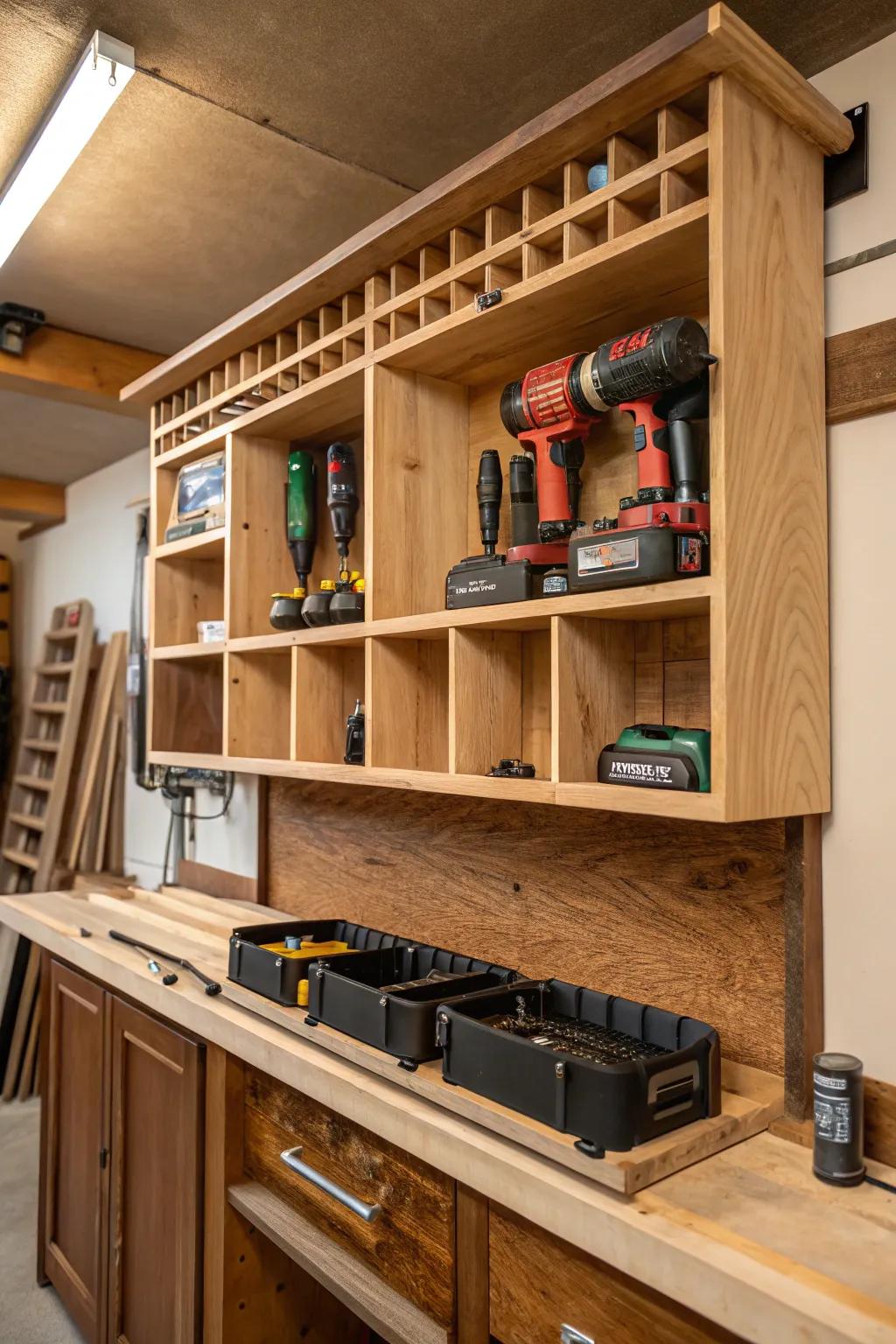Elevate your workshop with handcrafted overhead storage solutions.