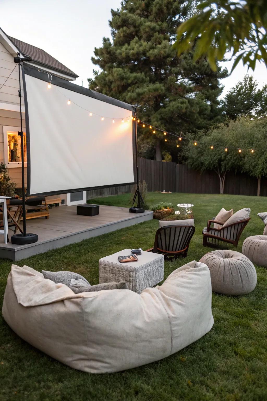 An outdoor theater setup offers a unique movie experience under the stars.