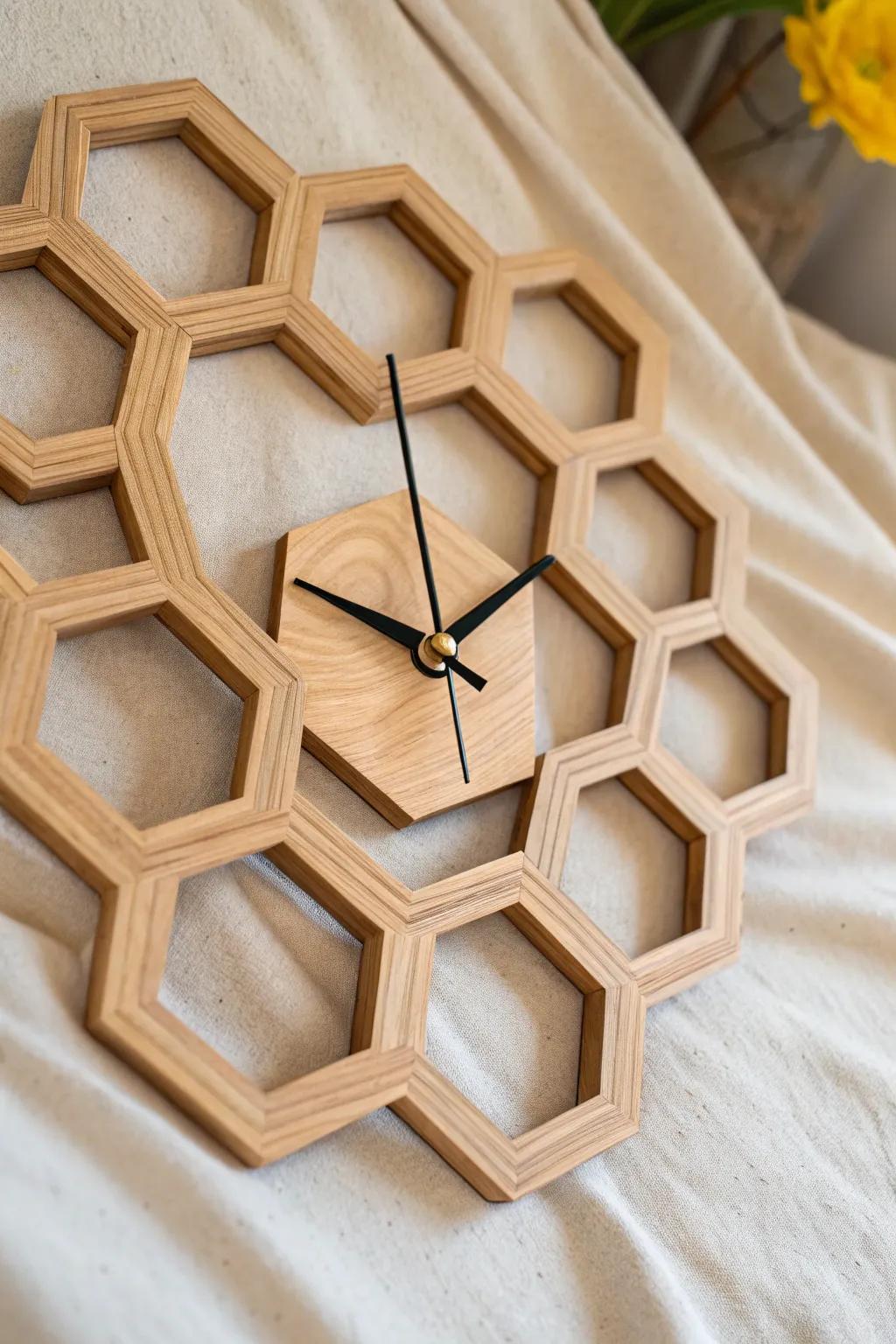 Elevate your space with timeless elegance: A stunning geometric honeycomb clock that blends minimalist design with natural beauty.