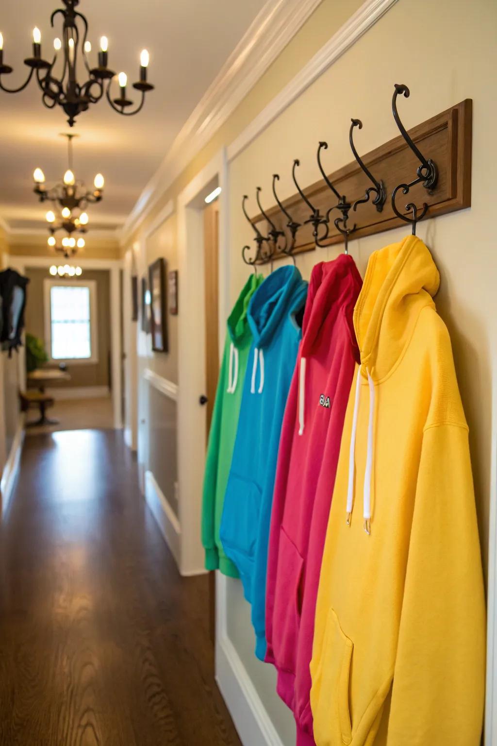 Decorative hooks combine functionality with artistic flair for hoodie storage.