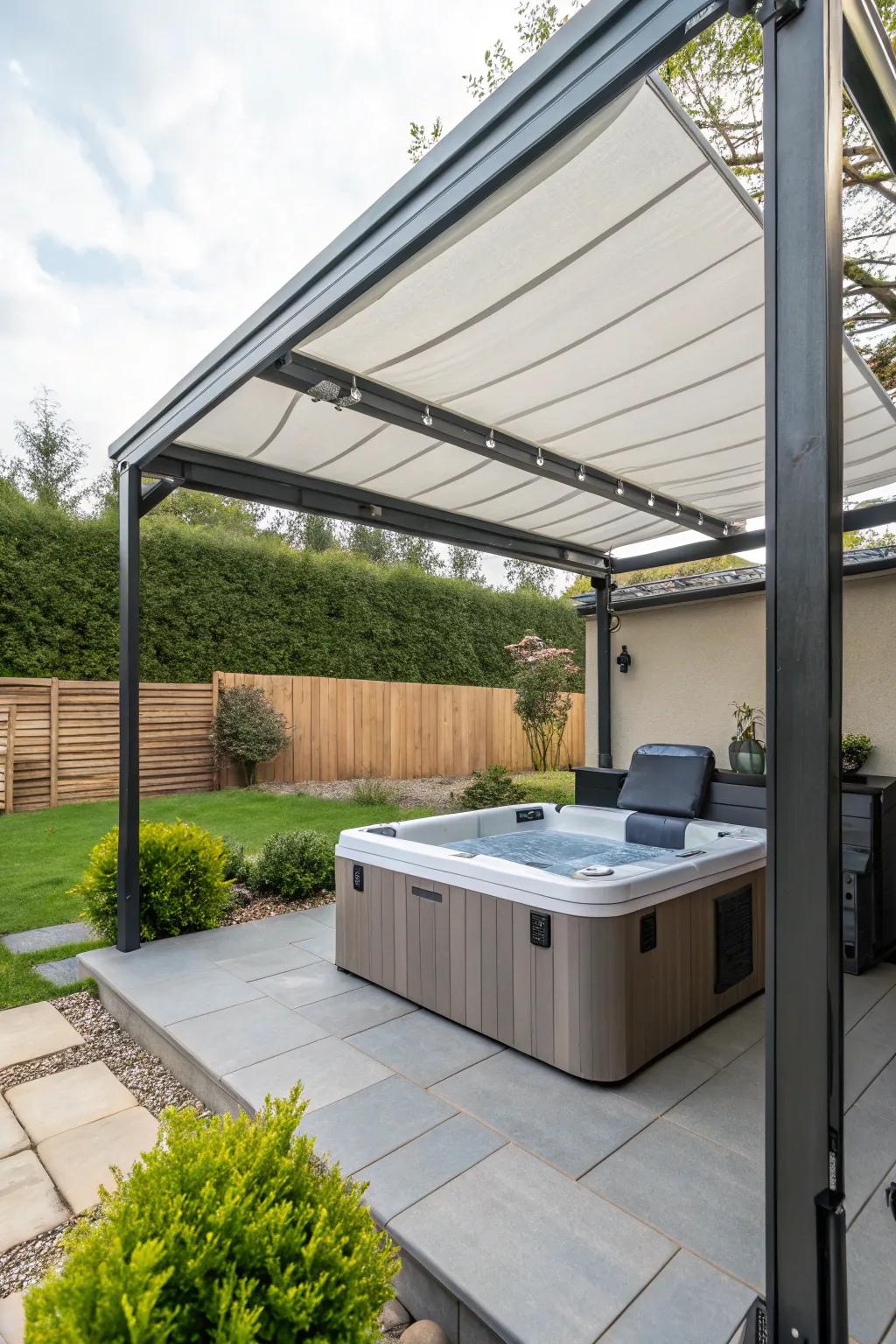 A shade structure adds comfort and style to your hot tub patio.