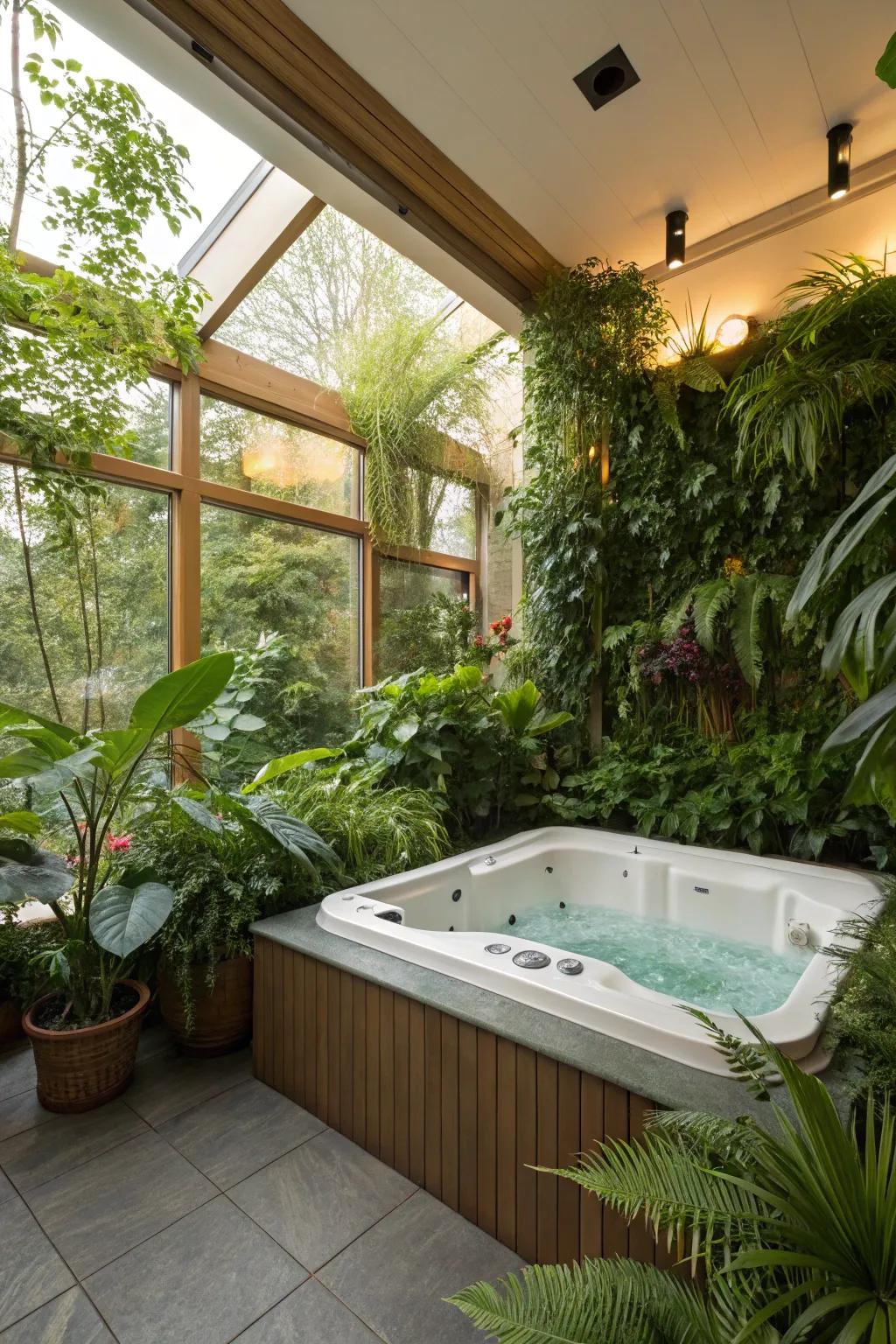 A hot tub room enriched with lush greenery for a fresh feel.