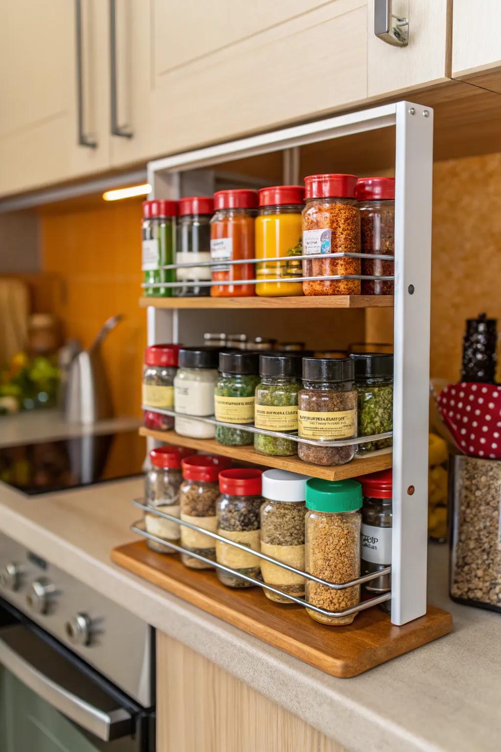 An organized spice rack that enhances kitchen efficiency.