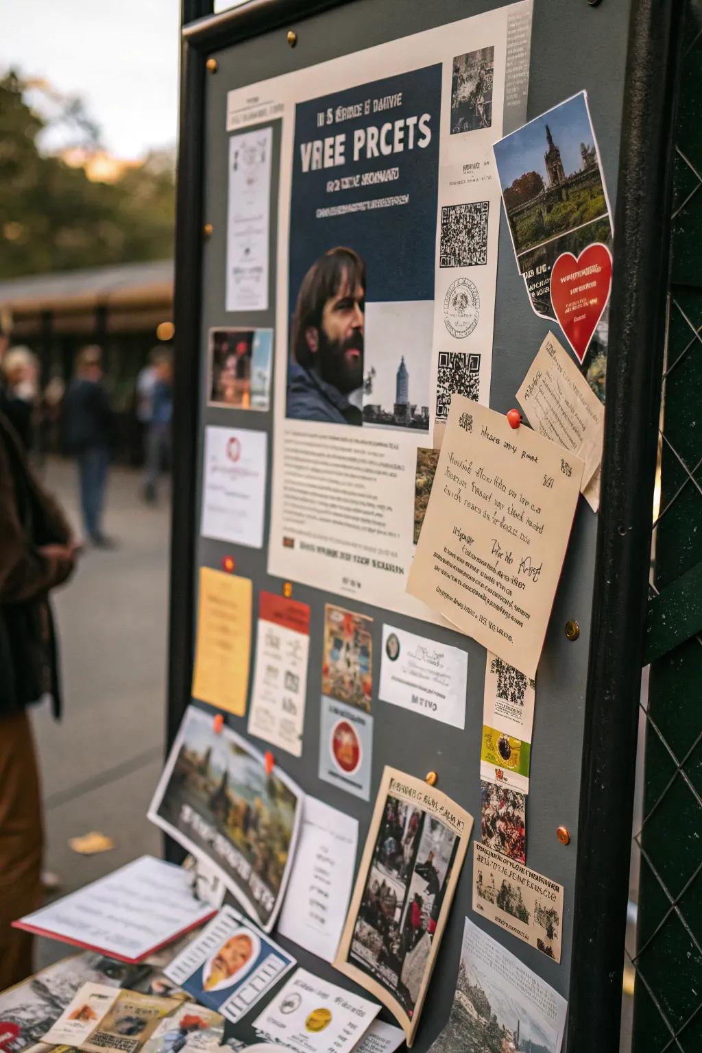 A personalized poster display with memorabilia for a storytelling effect.