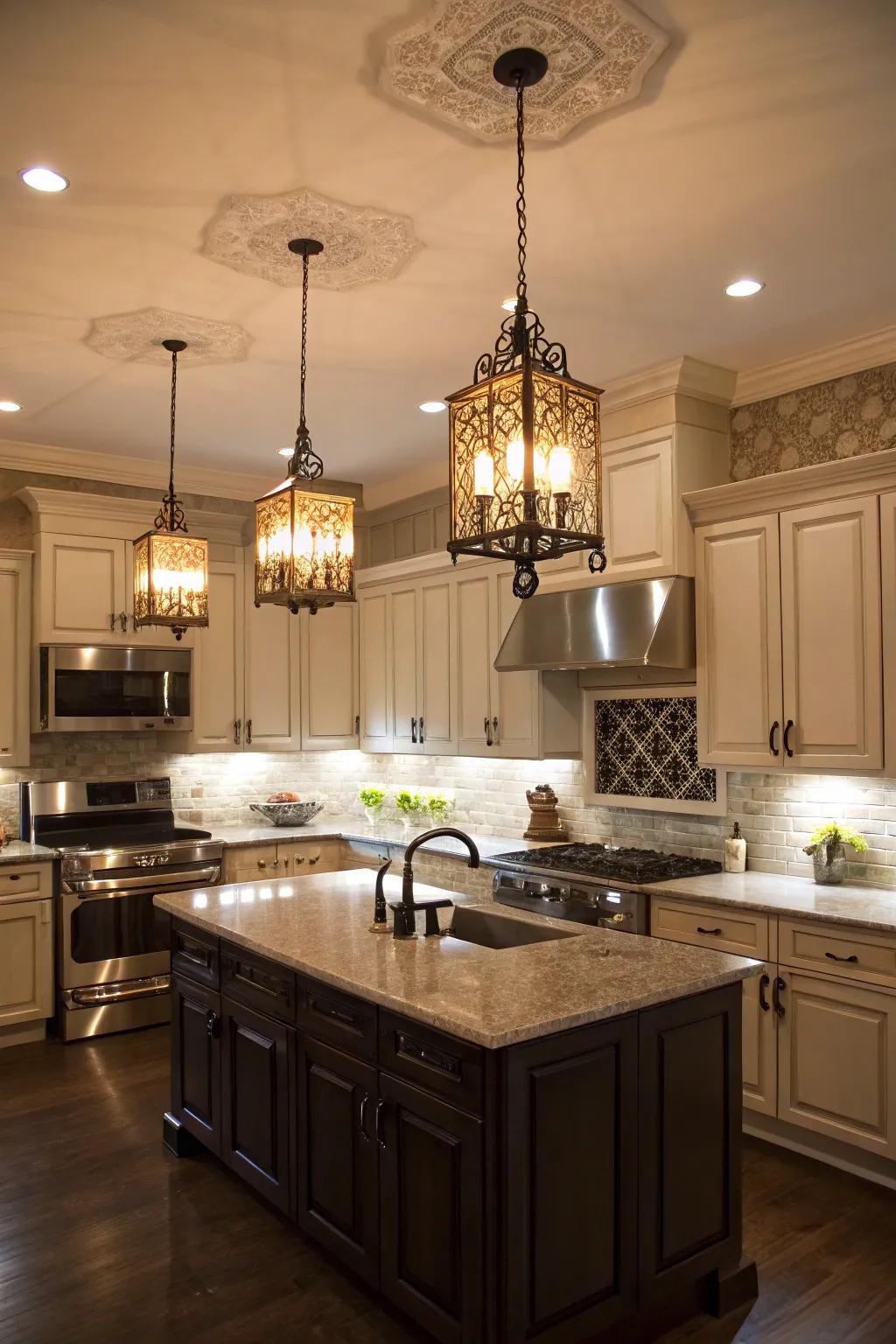 Statement lighting adds style and illumination above kitchen cabinets.