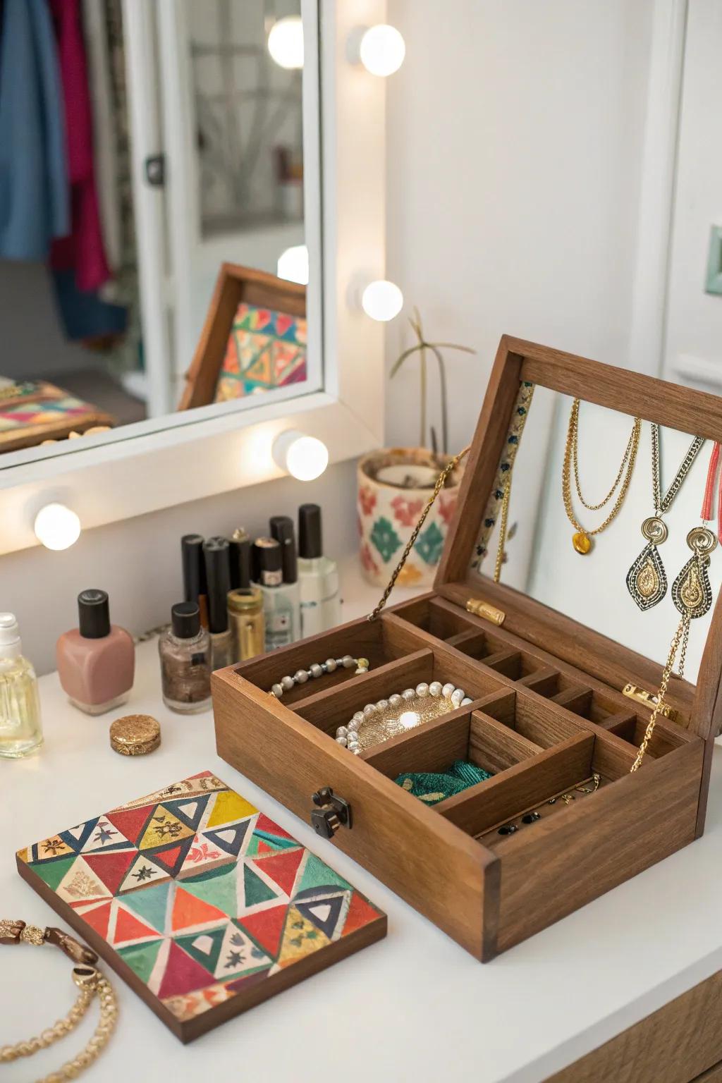 Organize with style using a chic decoupaged jewelry organizer.