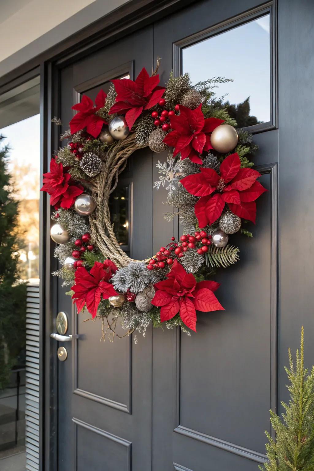 A chic mixed metallic poinsettia wreath on a stylish door.