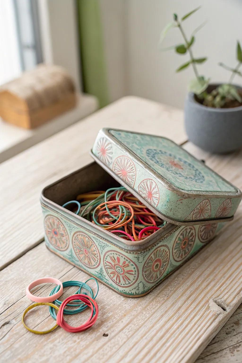 Add a nostalgic touch to your organization with a vintage tin for your rubber bands.