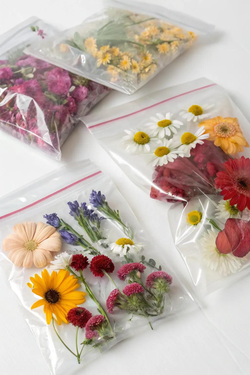 Vacuum-sealed bags help save space while storing faux flowers.