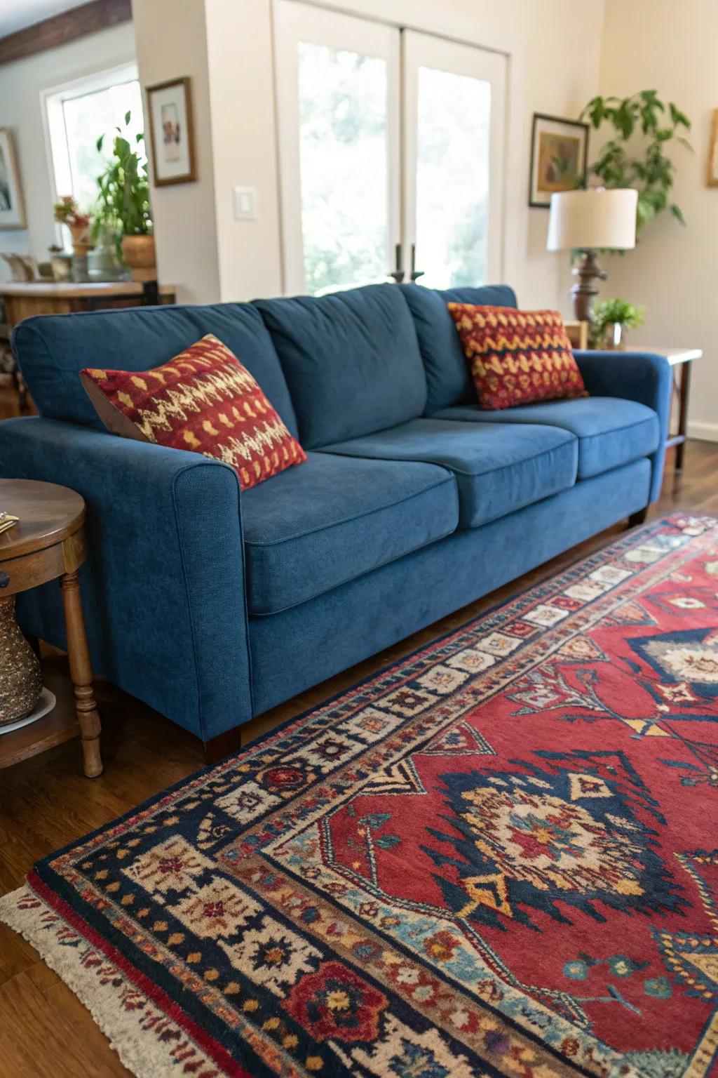 A statement rug anchors the space and complements a blue couch.