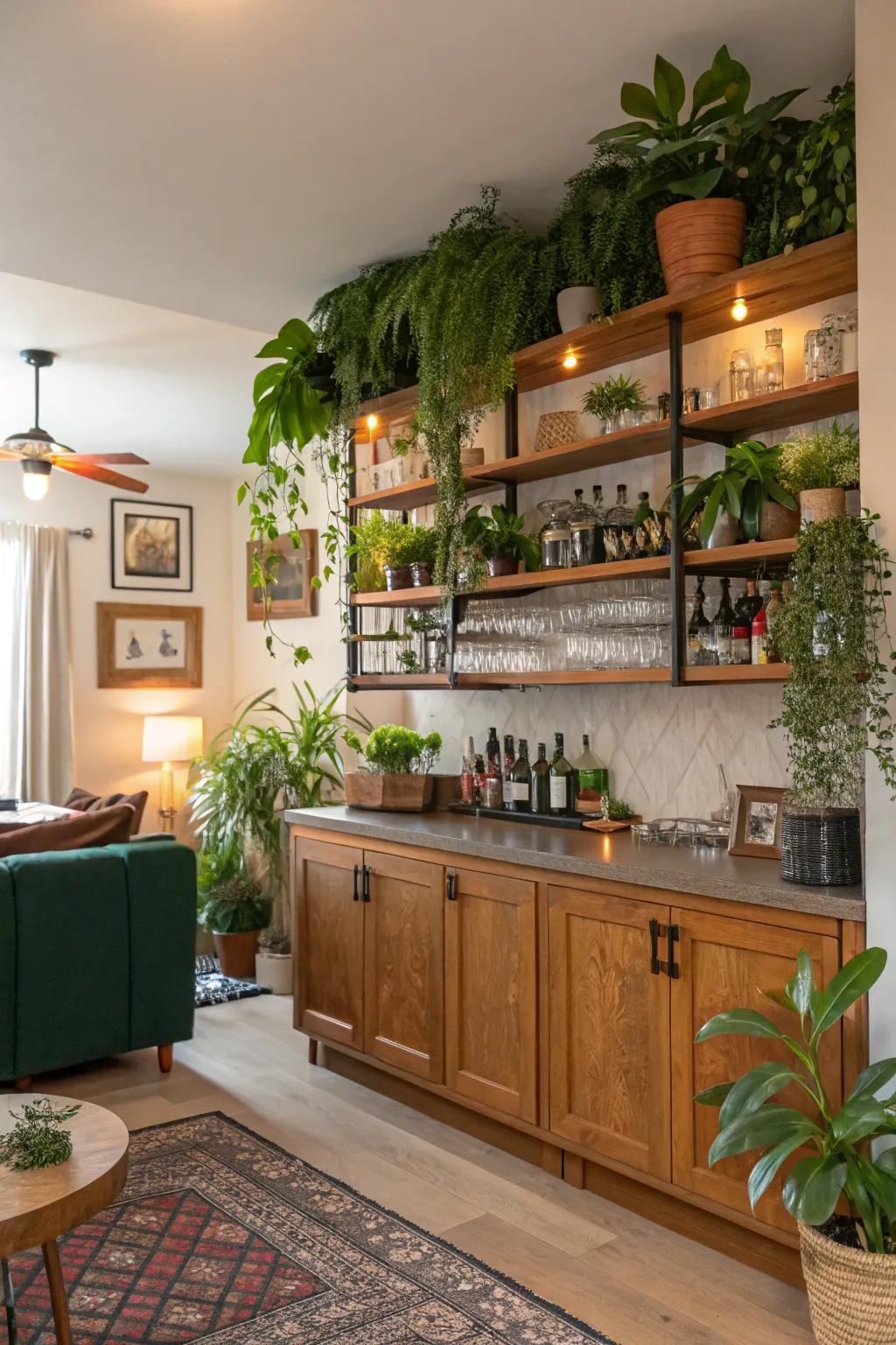 Greenery adds life and color to the home bar.