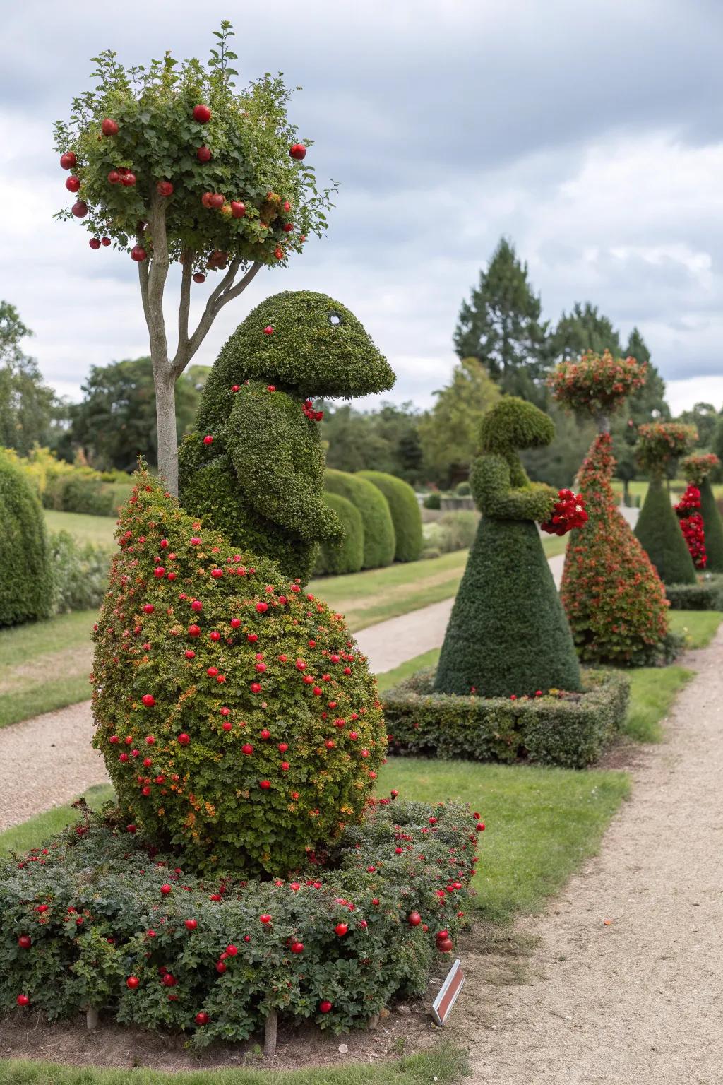 Artistic berry bush sculptures adding creativity to the garden.