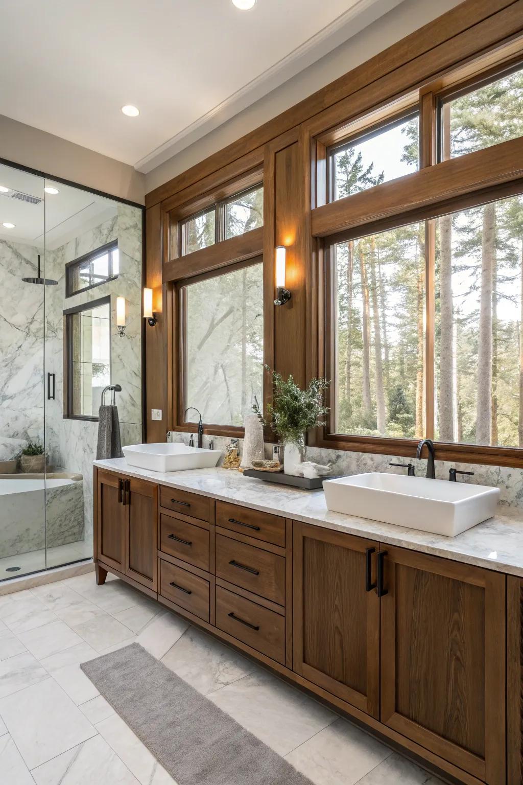 A custom vanity offers functionality and style in this master bathroom.