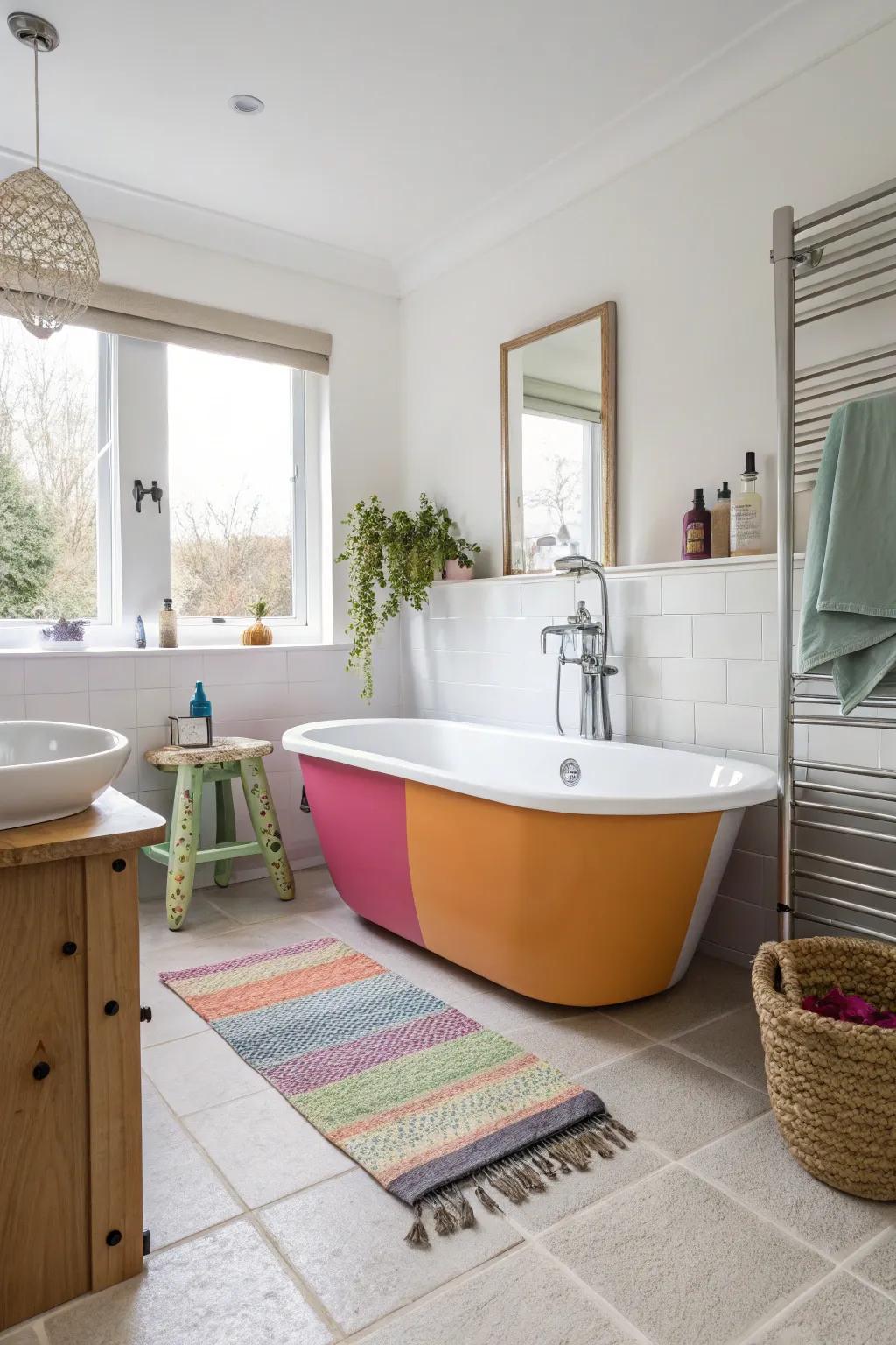 A painted tub adding a vibrant pop of color to a contemporary bathroom.